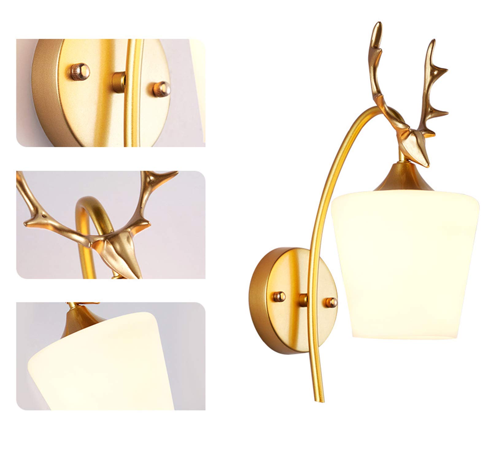 WXKAGF Kreatywność Antler Kryty kinkiet Mosiężny kinkiet Oprawa oświetleniowa ze szklanym abażurem, elegancka lampka nocna do sypialni Złota Retro Antyczna kinkiet Dekoracja do korytarza Schody Hotele