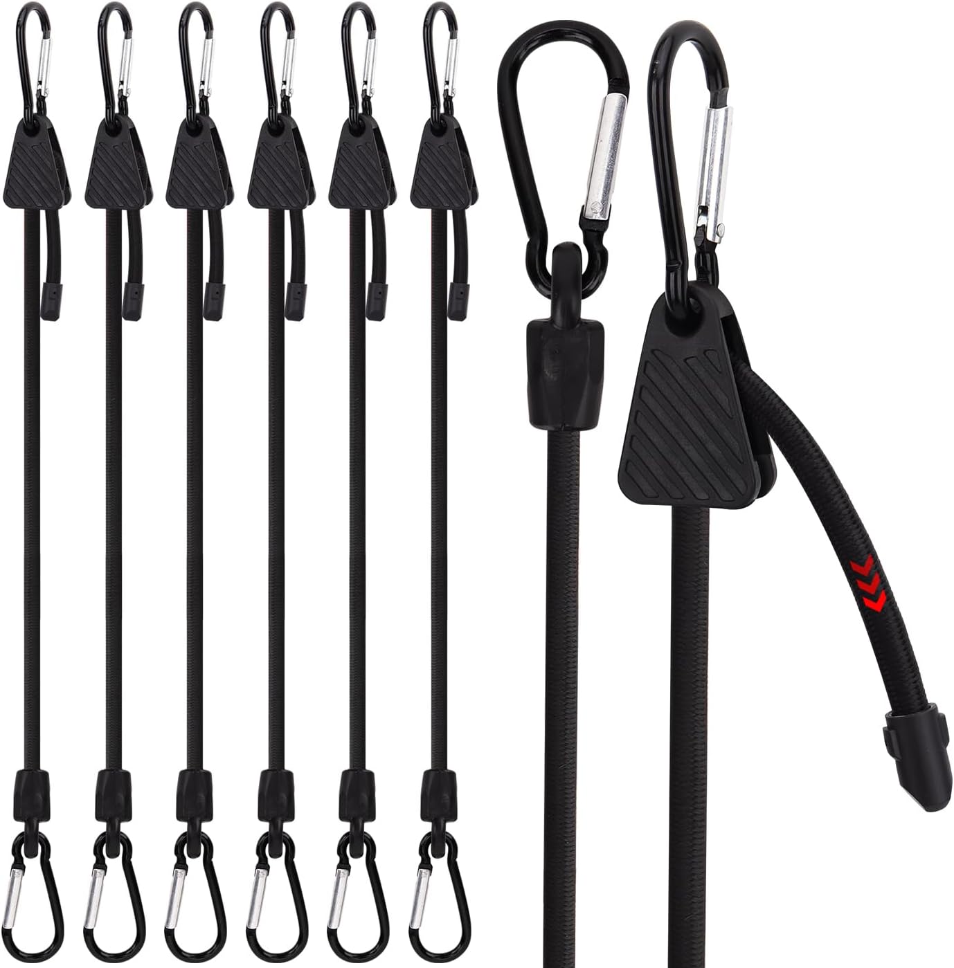 Adjustable Bungee Cords with Hooks: Upgrade 100cm Long Bungee Cords With Carabiner Clips Heavy Duty, Extra Strong Black Elastic Bungee Straps for Outdoor, Camping, Tarpaulin, Cargo, Tent, 6 PCS