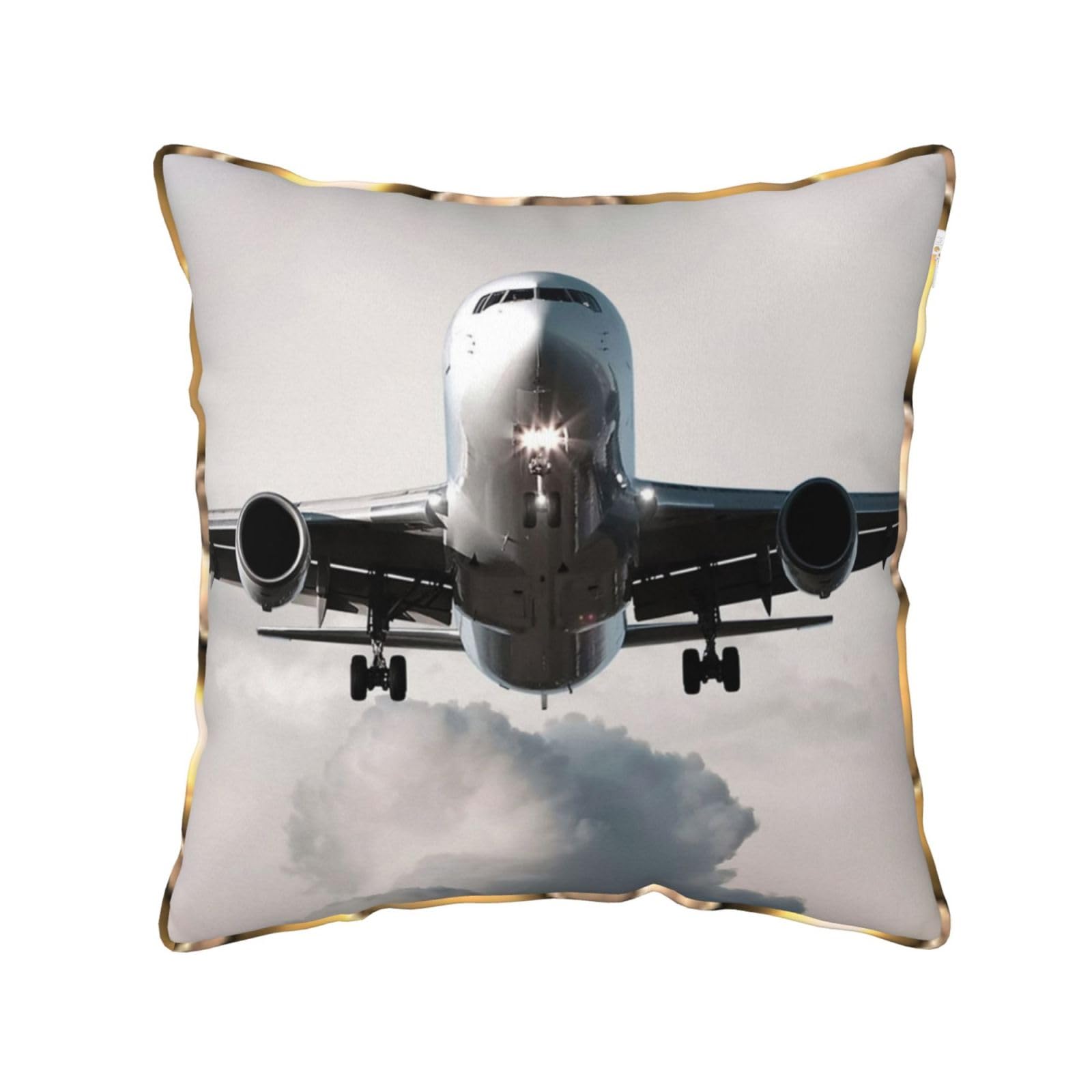 AUBKFELD Airplane Art Printed Velvet Cushion Cover 45x45 CM with Gold Edging Strip, Square Pillowcase Soft Throw Pillow Covers Case Decorative for Living Room Sofa Couch Bed Bench