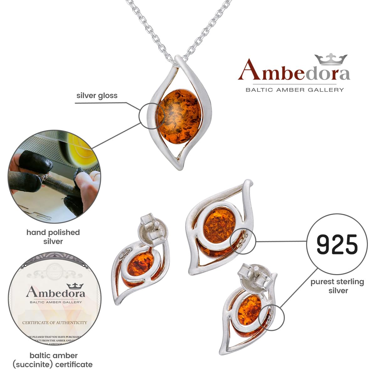 Parure di Gioielli da Donna Fiamme D'ambra, Argento Sterling Lucido, Ambra Baltica Color Cognac, Ciondolo in Argento su Catena e Orecchini