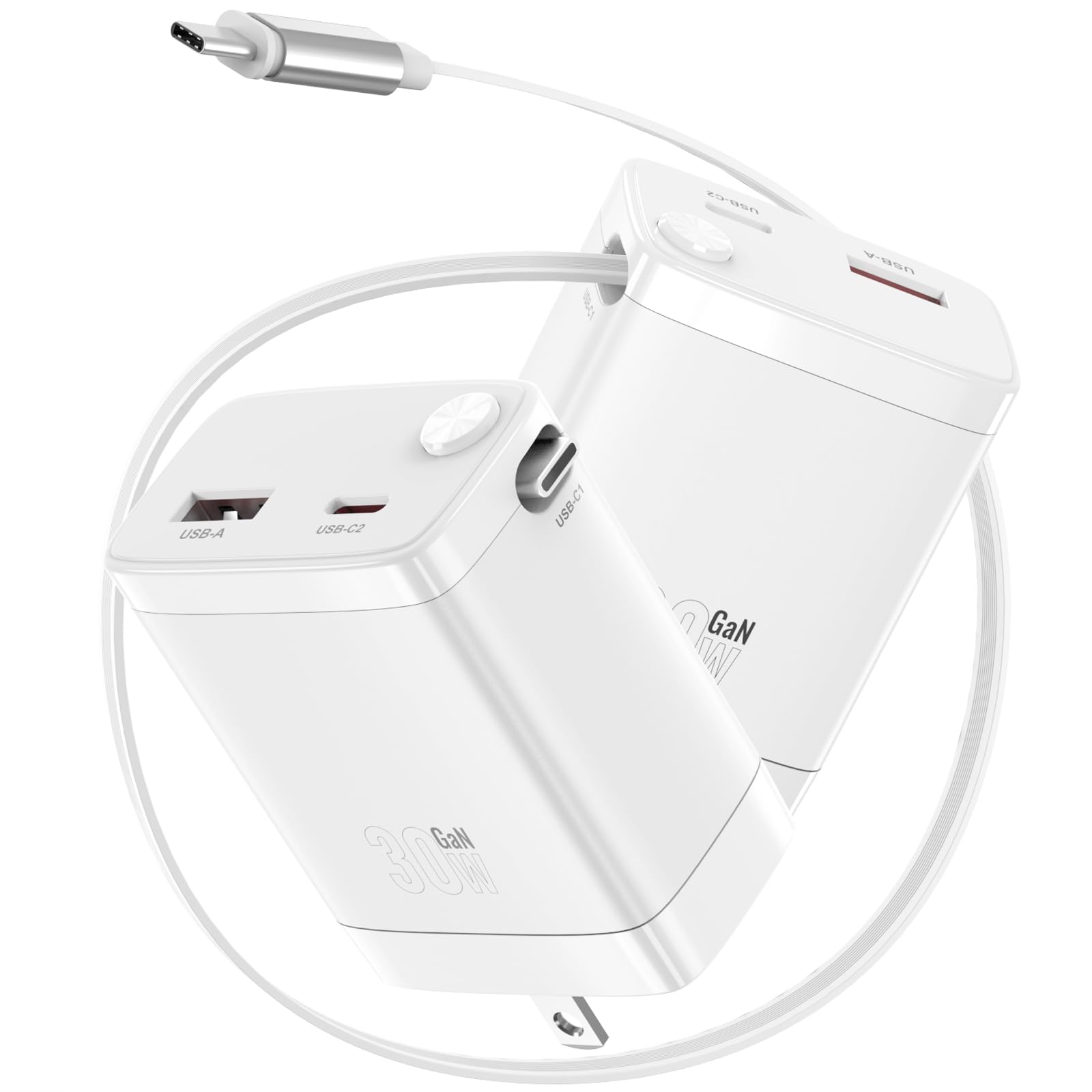 30W Retractable Wall Charger with USB C Cable 2.1FT, 2-Port USB Block 3 in 1 Travel Essentials,for iPhone Charger Fast Charging Plug for iPhone 16/15 Series, iPad, LG, Samsung-Only 1Pcs