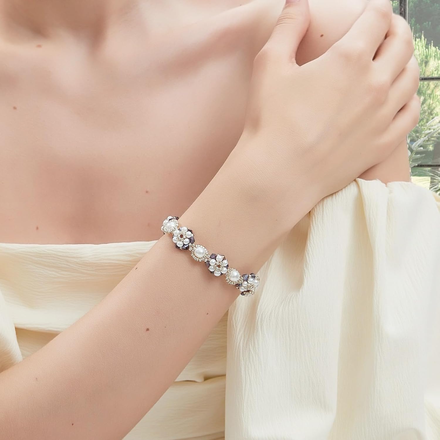 Bohemian Bracelet, Freshwater Pearl Flower Handmade Unique Jewelry, Adjustable Amethyst Floral Bracelet, Beach Jewelry, Elegant Women's Fashion Accessories - Image 2