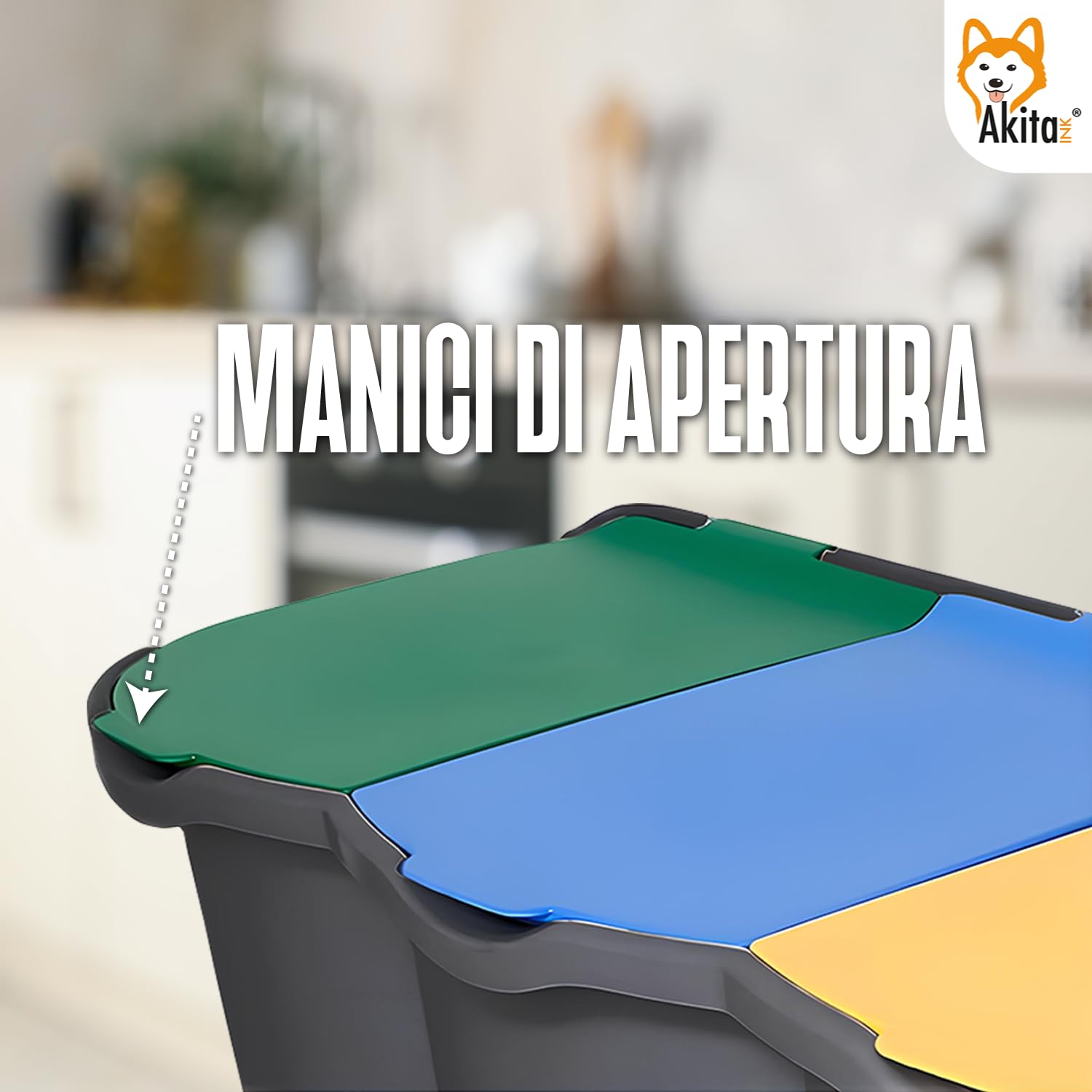 AKITAInk - Pattumiera per Raccolta Differenziata a 3 Scomparti, 80L AkitaOne - Bidone con Coperchi Colorati e Chiusura Ermetica per una Raccolta Intelligente e Igienica - Prodotto in Italia