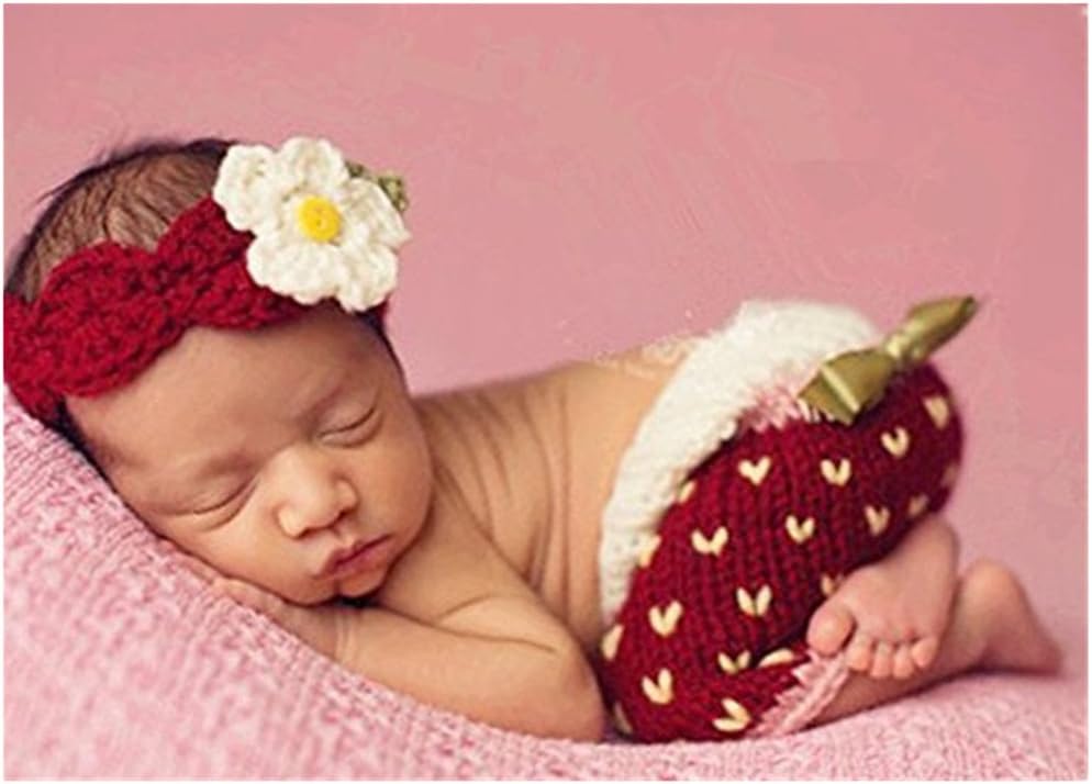 Auberllas Cute Newborn Boy Girl Baby Costume Photography Props Strawberry Hat Pants