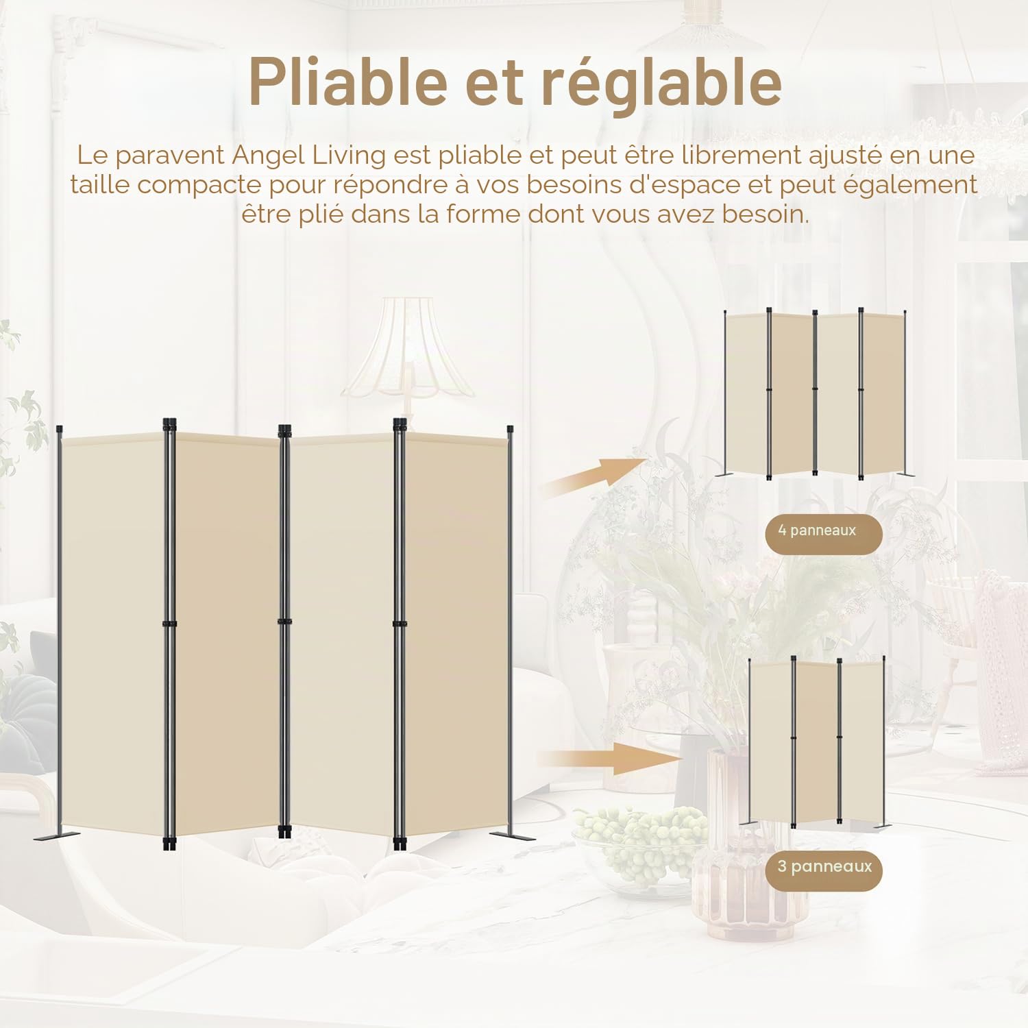 Angel Living Paravent 4 Panneaux Diviseurs de Chambre Séparateur de Panneaux Indépendant Paroi de Séparation Murale Séparation Visuelle pour Bureaux, Chambre à Coucher, 224 x 165cm (Beige)
