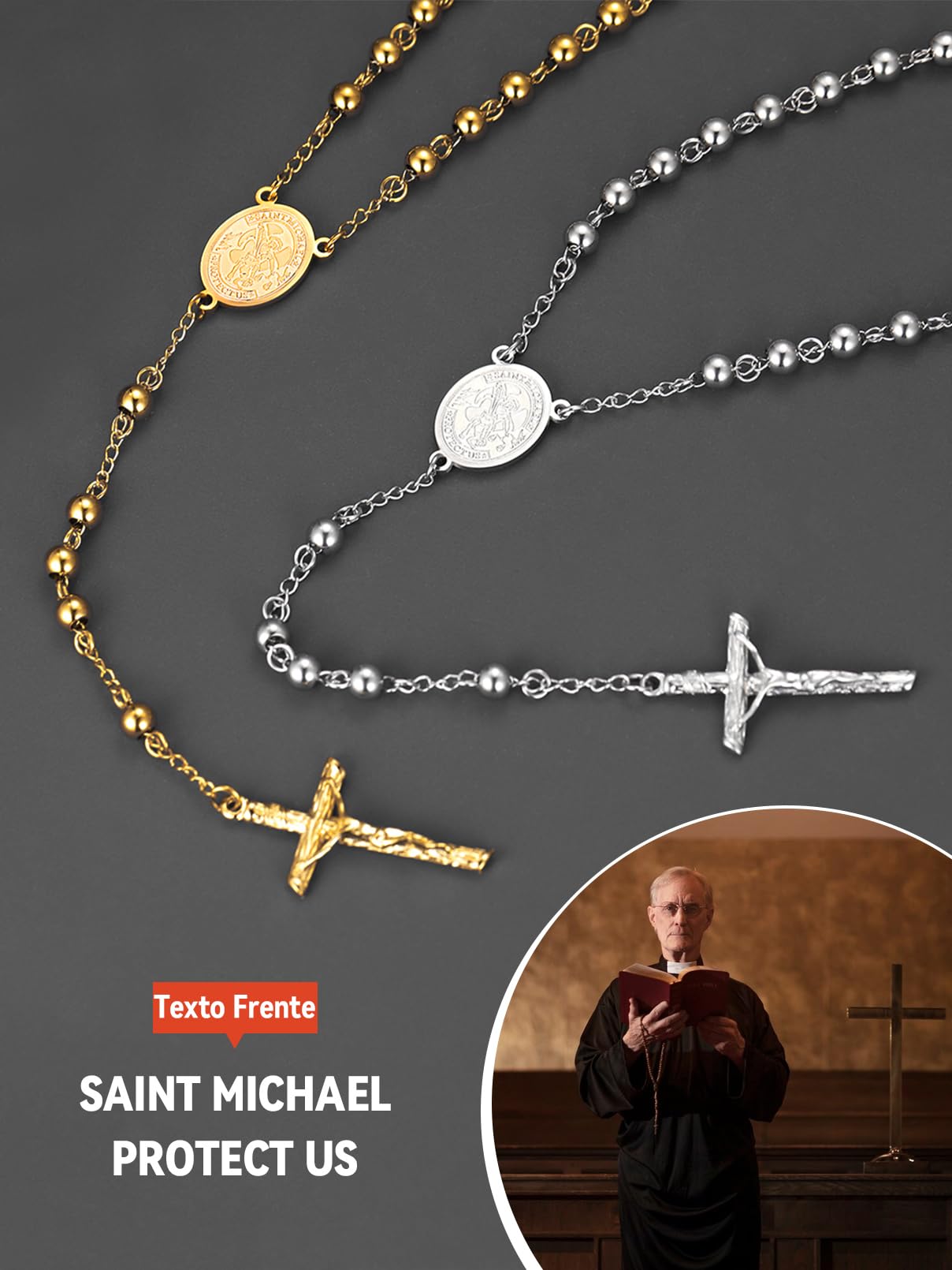FaithHeart Collar Rosario Hombre Mujer Acero Inoxidable 316L Medalla San Miguel/Benito/Cristóbal/María con Cruz Jesucristo Joyería Religiosa para Rezo