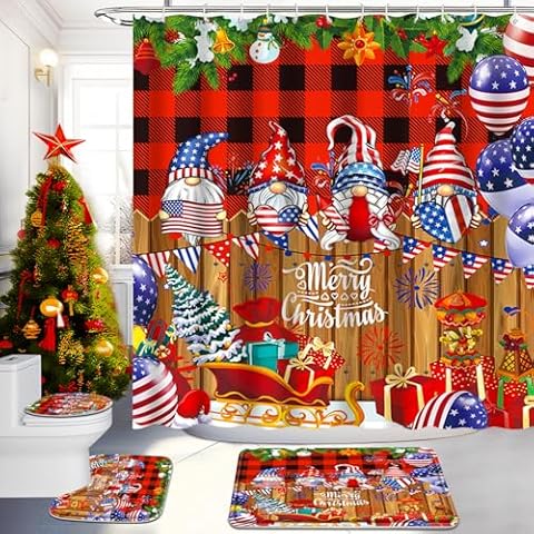 YOKYHOM Christmas Shower Curtain Set, 4 Pcs Bathroom Sets with Shower Curtain and Rugs, Incl 71''x71'' Shower Curtain 12 Hooks, Non Slip Bath Mats,Toilet Lid,Oval Rug. Christmas Dwarfs Decor Cover