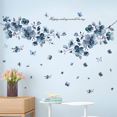 Blue Peach Blossom & Birds Wall Decals - 3D Watercolor Floral Tree Stickers, Peel & Stick For Bedroom, Nursery - View #5