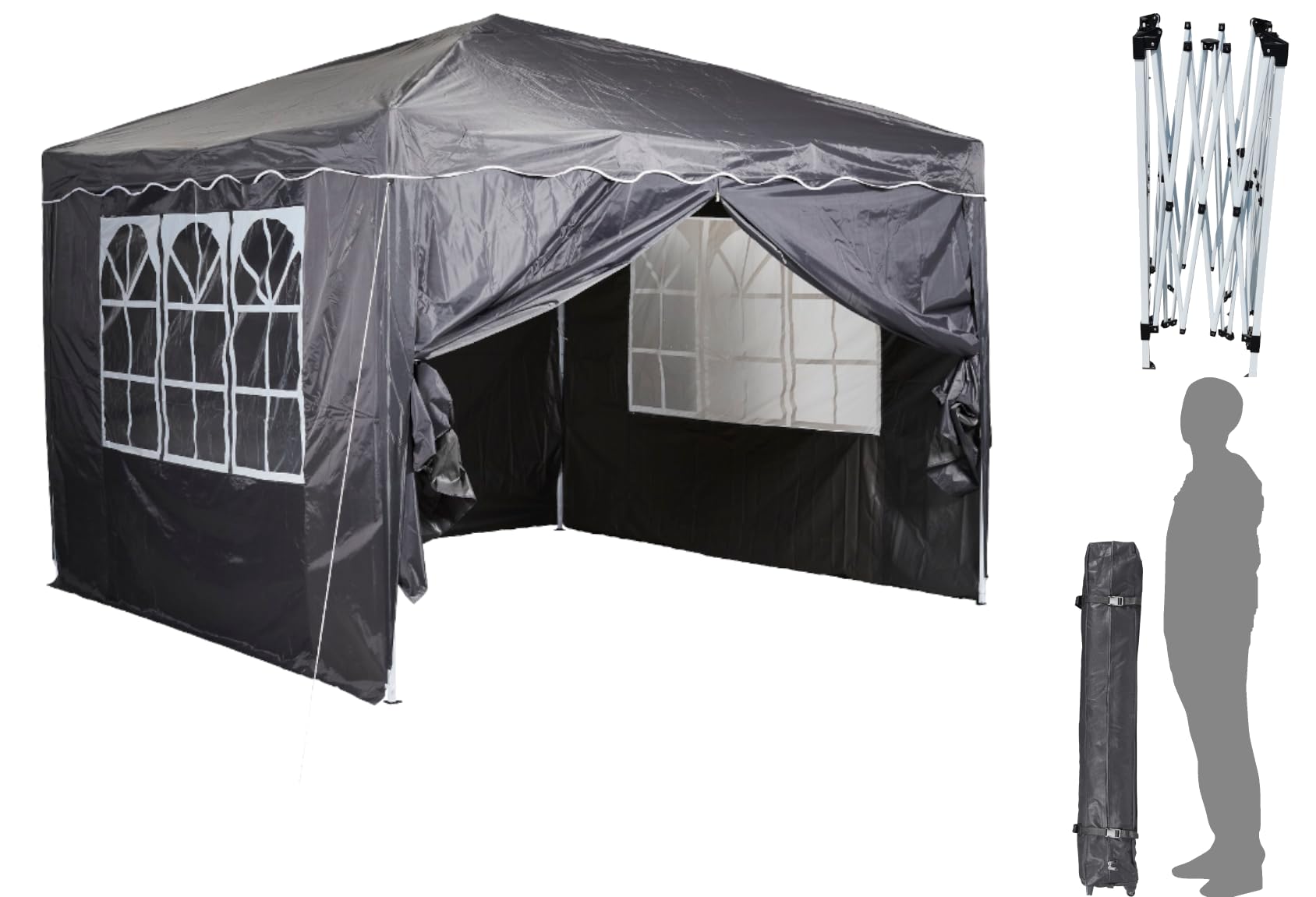 CHILLROI® Faltpavillon | Dachfläche 300 x 300 cm | Anthrazit | 200g/m² | Wasserdicht | inklusive 4 Seitenwände mit Fenster | Multifunktionszelt