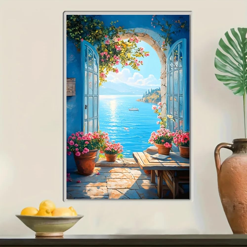 Gosrd Frameless Canvas Prints Painting Flower-Filled Windows Overlooking The Sea, Wall Decoration(70X100cm/Frameless)