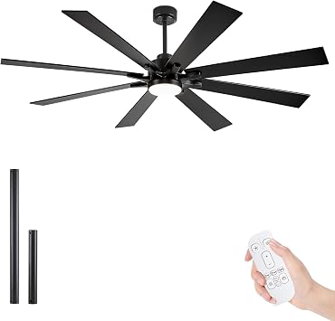 72 Inch Large Industrial Ceiling Fan with Light and Remote, Matte Black Outdoor Ceiling Fans DC Motor with 8 Plywood Blades for Farmhouse Big Living Room Bedroom Exterior Patio