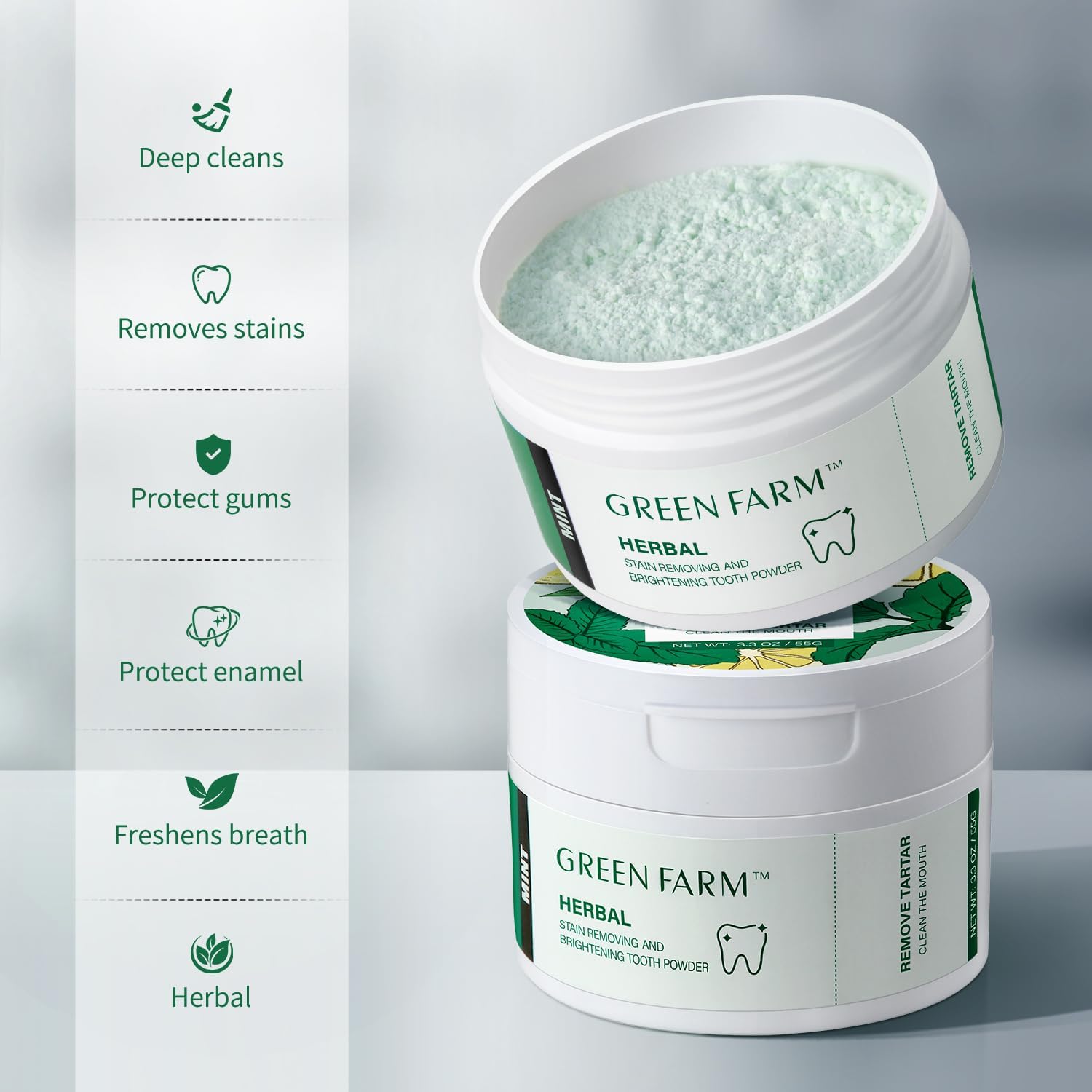 Natural Mint Tooth Powder with Xylitol - Enamel Safe Teeth Whitening Powder for Plaque Removal & Gum Care, Potent Herbal Formula, 3pcs