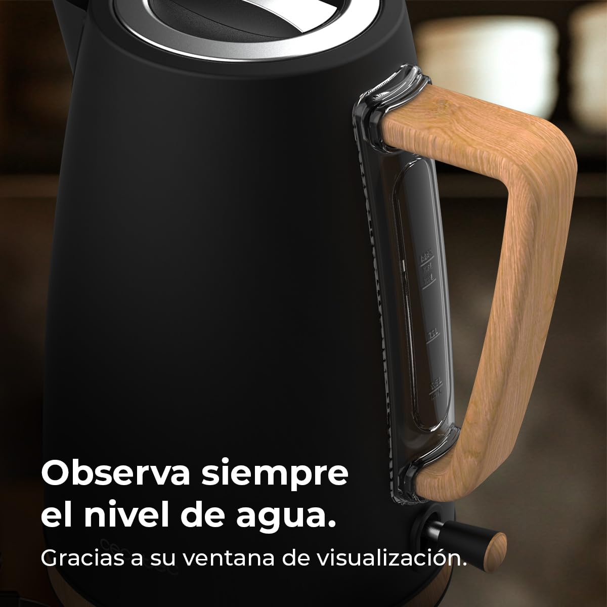 Cecotec Hervidor de Agua Eléctrico ThermoSense 200 Woody, 1,7 Litros, 2200 W, Fabricado en Acero inoxidable, Diseño elegante, Base con giro 360º, Filtro antical desmontable y lavable