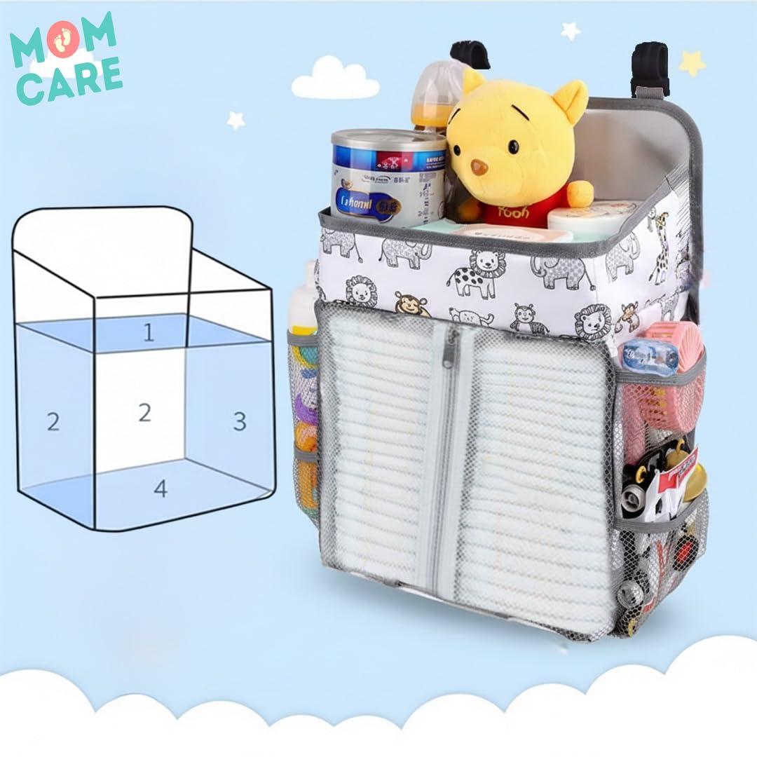 MOM CARE Hanging Diaper Caddy Organizer Crib Storage Bag Nursery Essentials Holder Nappy Stacker For Changing Table Playard Wall Mount Large Capacity Mesh Pockets Safari Print 2