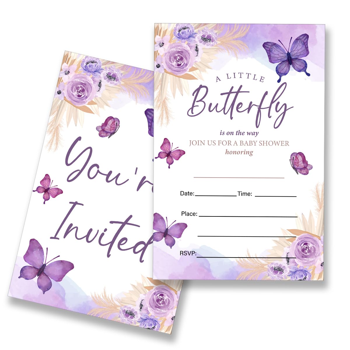 EUDOSI Butterfly Baby Shower Invitations Supplies Fill-In Set of 20 with Envelopes a Little Butterfly is on the Way Baby Shower Invites Cards, Double Sided