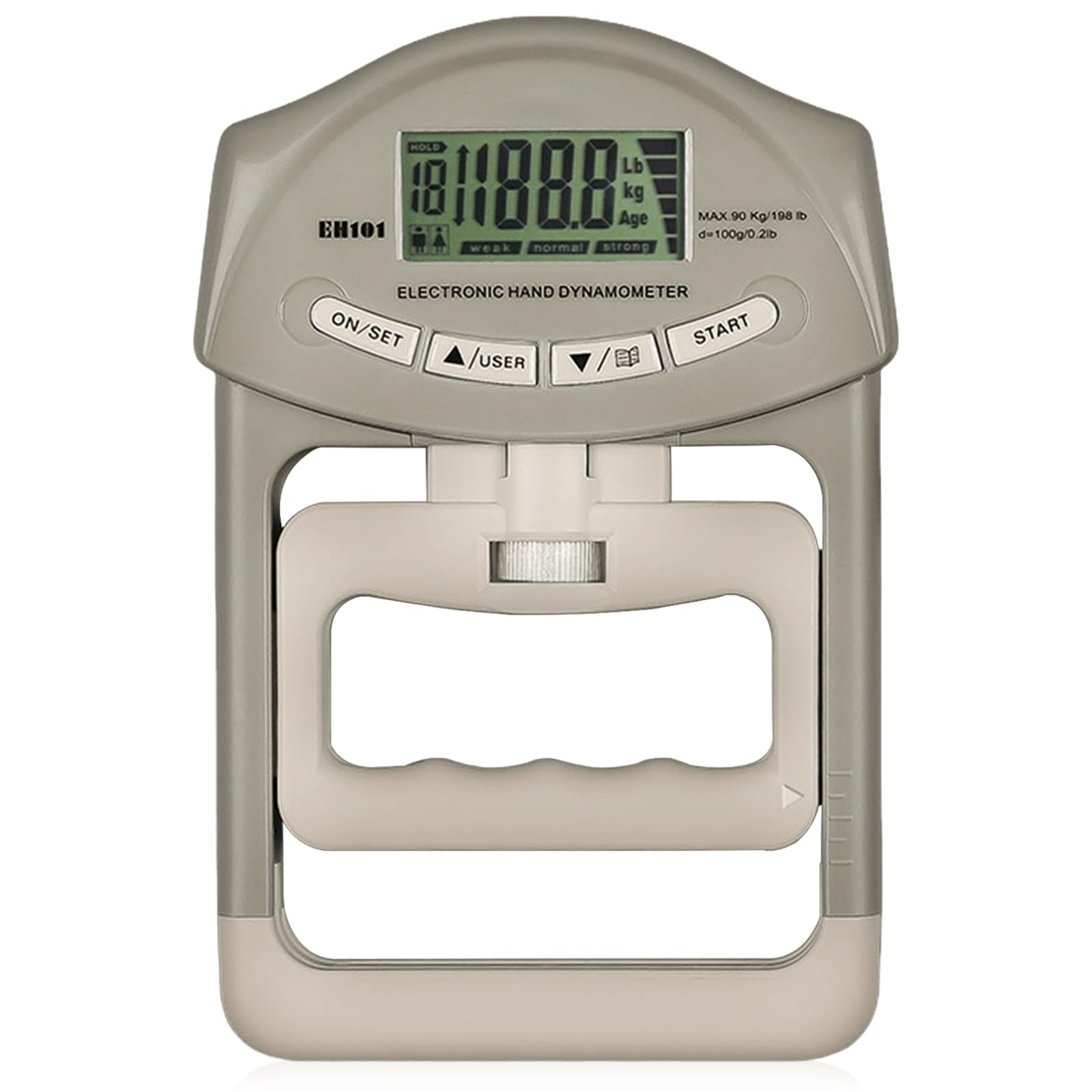 Appareil de musculation numérique à main - 90 kg - Avec câble de charge USB - Entraîneur de force de préhension électronique - Grand écran LED - Gris et blanc
