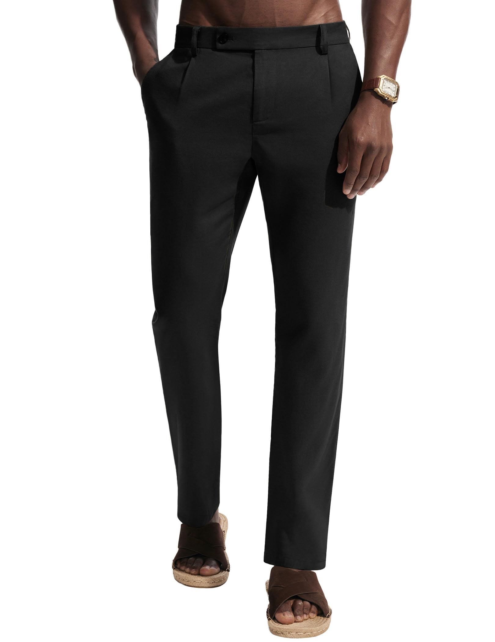 PJ PAUL JONES Mens Casual Linen Pants Elastic Waist Summer Pleated Beach Trousers Lightweight Vacation Pants