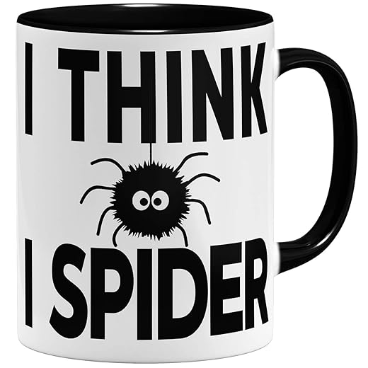 OM3® I Think I Spider - Tasse mit Spruch Denglisch - Ich Glaub ich Spinne | Keramik Becher | 11oz 325ml | Beidseitig Bedruckt | Schwarz