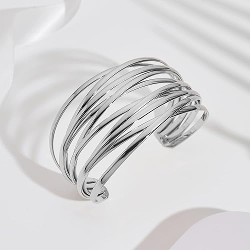 Miniatura 2 de WOWORAMA Brazalete grueso para mujer, pulsera abierta de alambre cruzado multicapa, ajustable, gruesa, ancha, abierta, para muñeca, brazalete