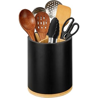 Utensil Holder 360  Rotating Kitchen Utensil Holder Round Wood Versatility Storage Rack with Removable Divider Black Vintage Cutlery Holder Organiser for Kitchen