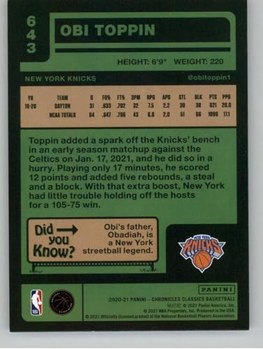 Miniatura 2 de 2020-21 Panini Chronicles #643 Obi Toppin NM-MT New York Knicks Basketball Trading Card