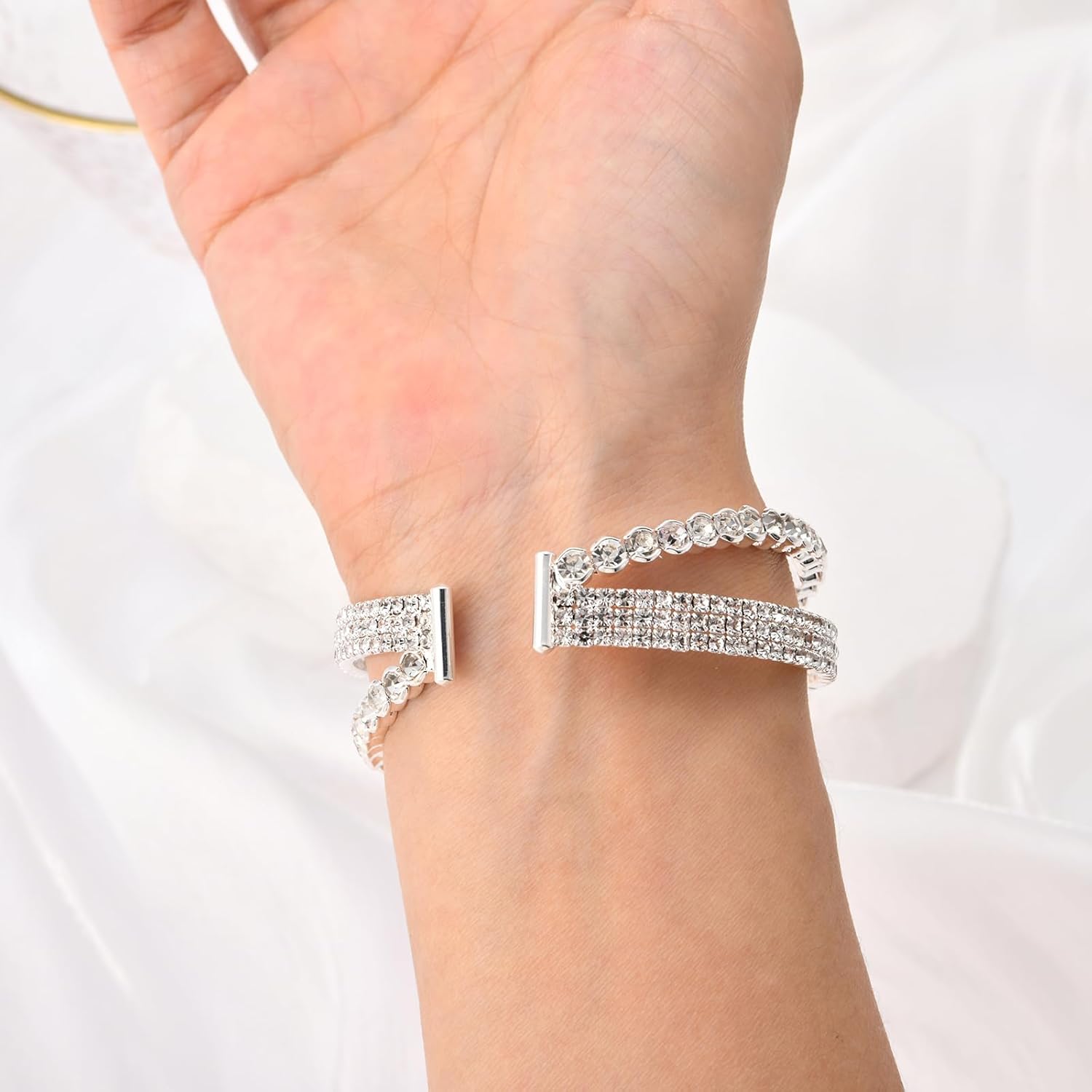 Sparkly Multi-layer Cross Rhinestone Crystal Cuff Bracelet Bangle for Women Costume Jewelry Formal Wedding Party - Image 6