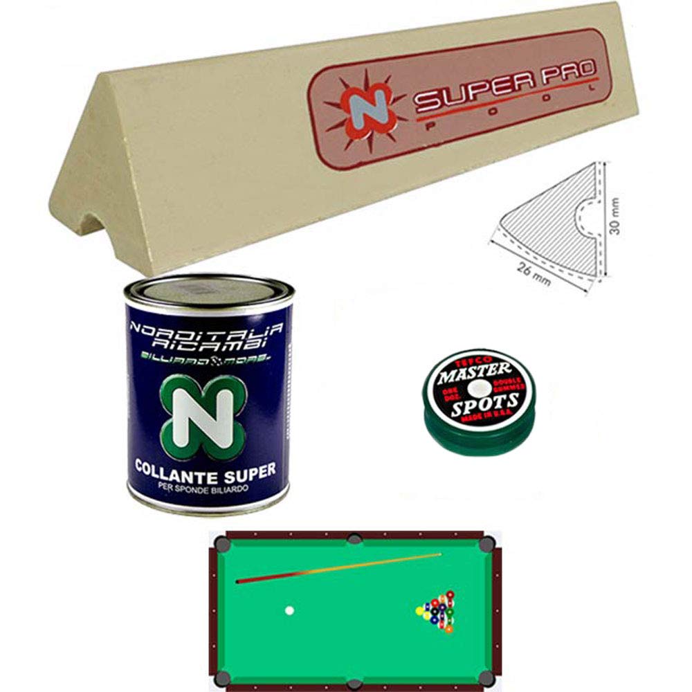 Biliardo Pool Set di 6 Liste Gomma sponde cm.96, Profilo K66 BG Super PRO per Biliardo Pool 6 e 7 Piedi Campo da Gioco cm.200x100, con Una Confezione di Colla per sponde e Omaggio.