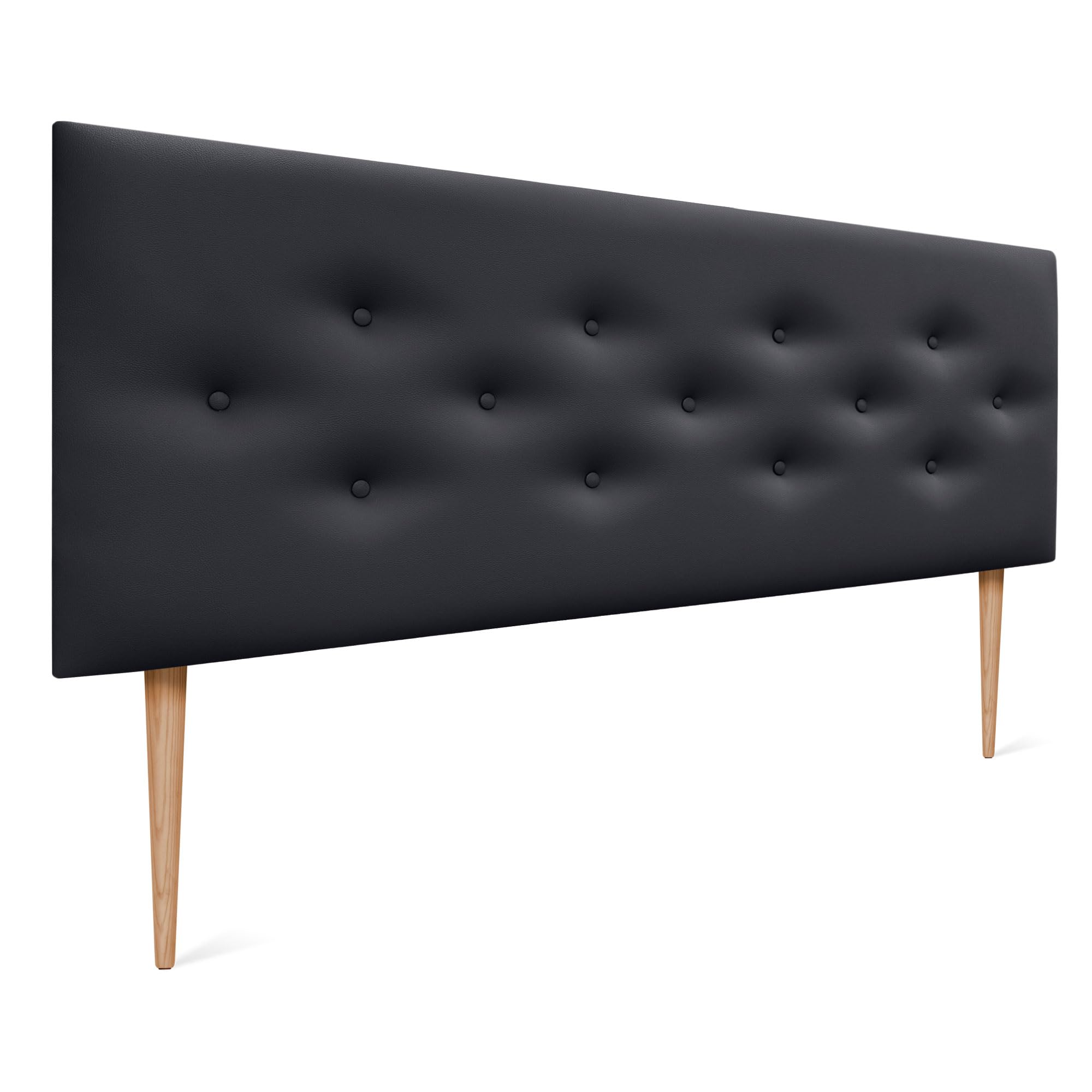 DHOME Cabecero de Polipiel o Tela ACUALINE con 3 Hileras Intercaladas de Botones y Patas Cabezal Tapizado Cama Lujo (Polipiel Negro, 145cm)