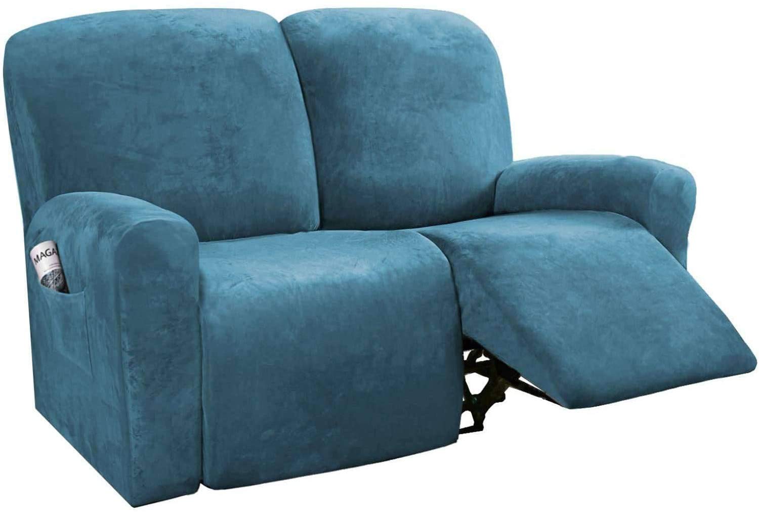 LINGKY 6-Pieces Recliner Sofa Covers Velvet Stretch Armchair Covers With Side Pocket Thick Soft Washable Sofa Covers 2 Seater Replacement Furniture Protector (Loveseat, Peacock Blue) — image 1