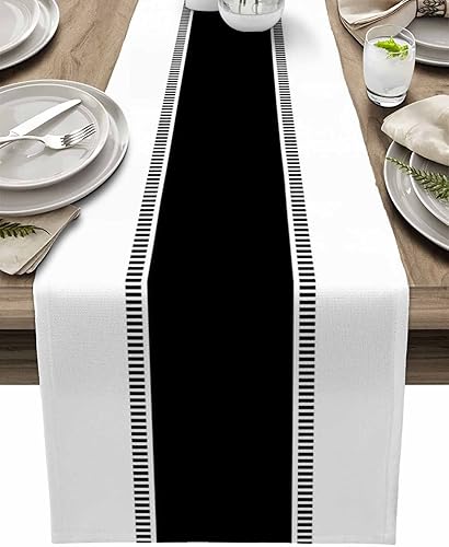 Caminos de mesa en blanco y negro de 36 pulgadas de largo, caminos de mesa modernos con rayas antideslizantes, caminos de mesa decorativos de granja