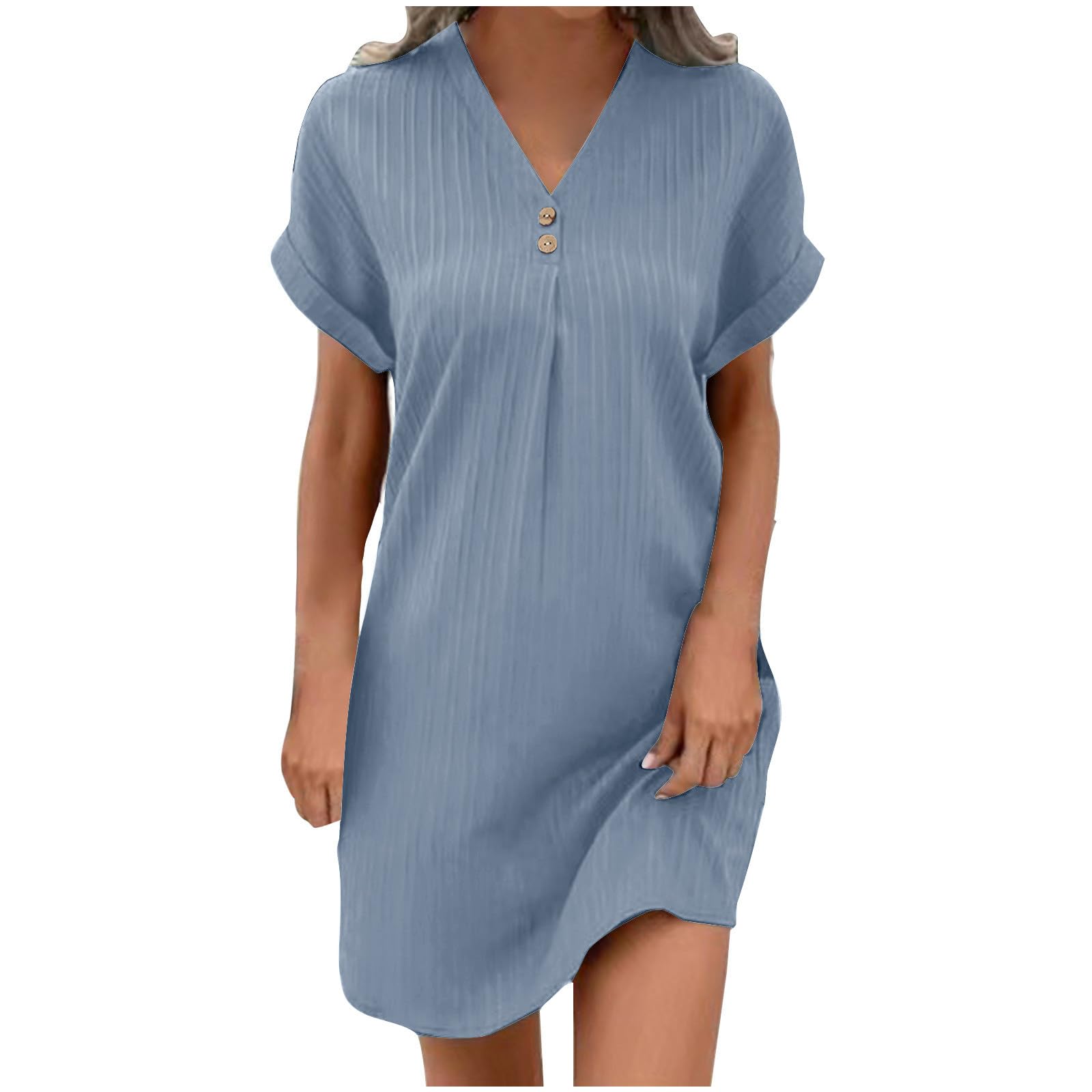 AMhomely Cotton/Linen Summer Midi Dresses for Women UK-Button V Neck Casual Dress,Rolled Short Sleeve,Pleated Front,Stripe,Loose Plain Smocked Dresses,Holiday Sundress Going Out B Blue L