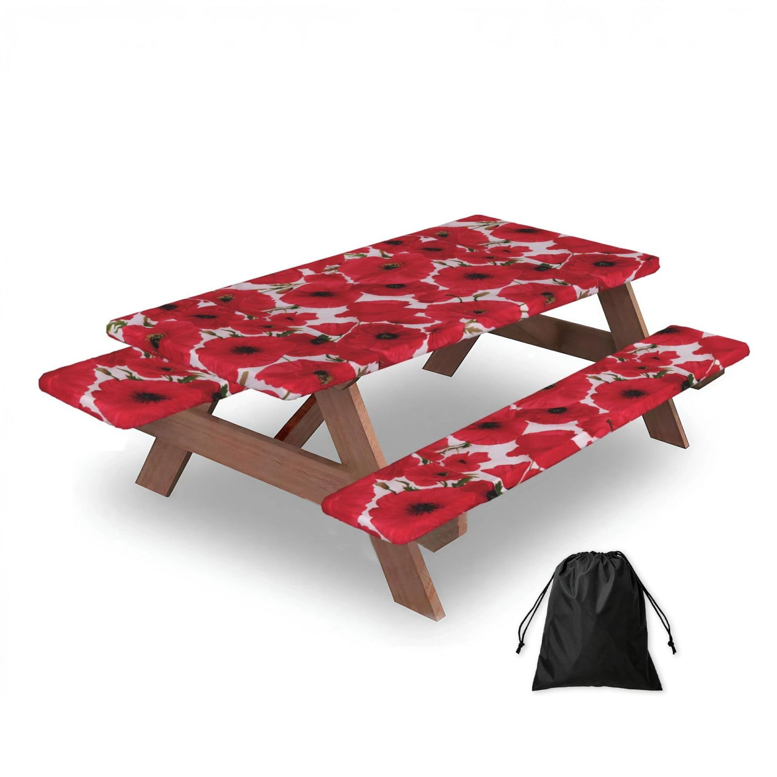 Dopklna As Picture Poppy Red, Picnic Table Cover With Bench Covers -Waterproof Elastic Fitted Tablecloth For Garden Camping Patio 76X152cm