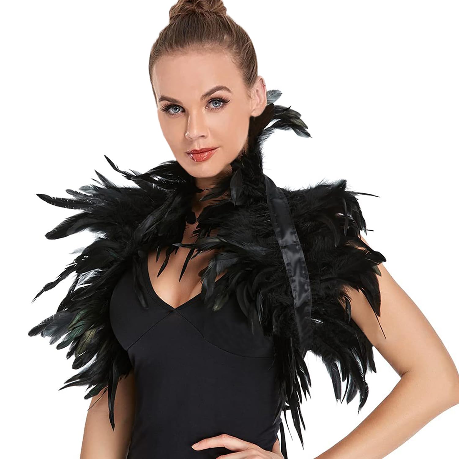 ITODA Gothic Feather Shawl with Wristband Crow Costume Cape Shawl Collar Feather Epaulet Shrug Poncho for Halloween Cosplay Party Evening Dress