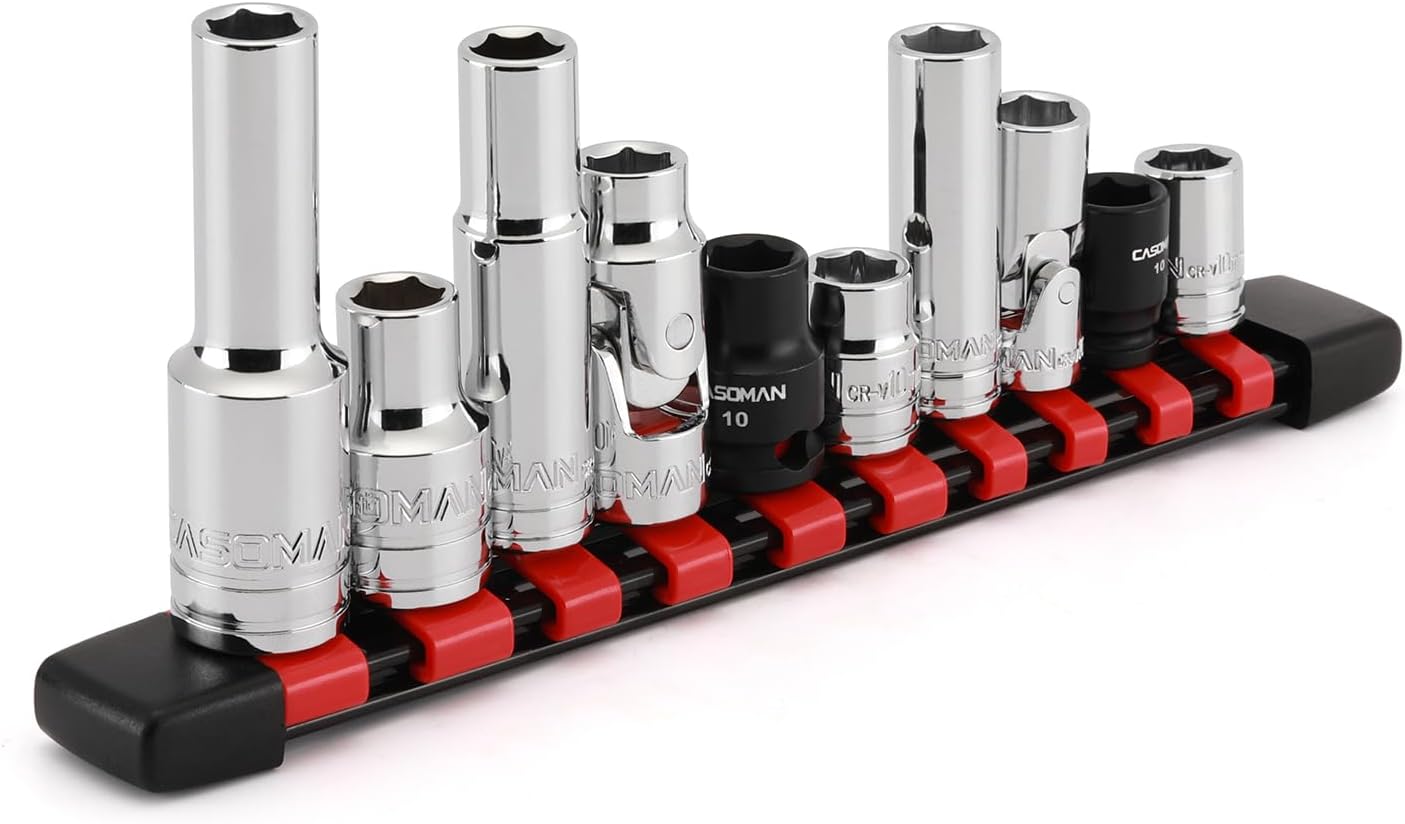 CASOMAN 10-Piece Impact Socket & Flex Socket Set - 10mm, 1/4" & 3/8" & 1/2" Drive, 6-Point, Magnetic Impact Sockets, with Storage Rail