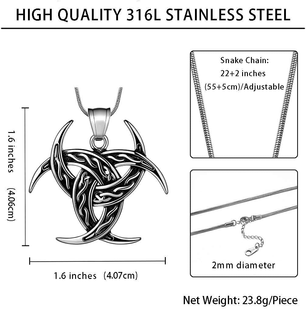 Celtic Knot Necklace Viking Pendant - Celtic Norse Triple Odin Horns Crescent Moon of Oden Horn Necklace Mens 316L Stainless Steel Triskelion Amulet Pewter Tribal Protection Viking Triskele Jewelry - Image 3