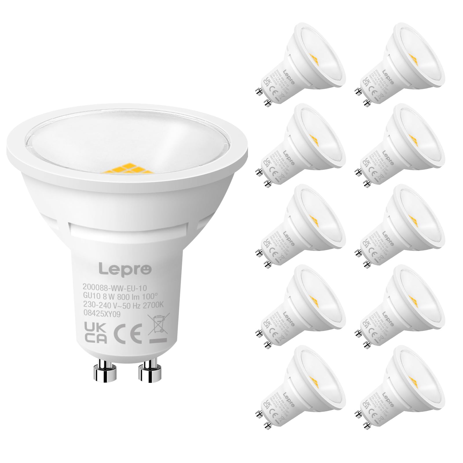 Lepro GU10 LED Bulbs, Warm White 2700K, 800LM, 8W (65W Equivalent), 100° Wide Beam Angle, Energy Saving LED Spotlight Bulbs, Non-Dimmable, Pack of 10