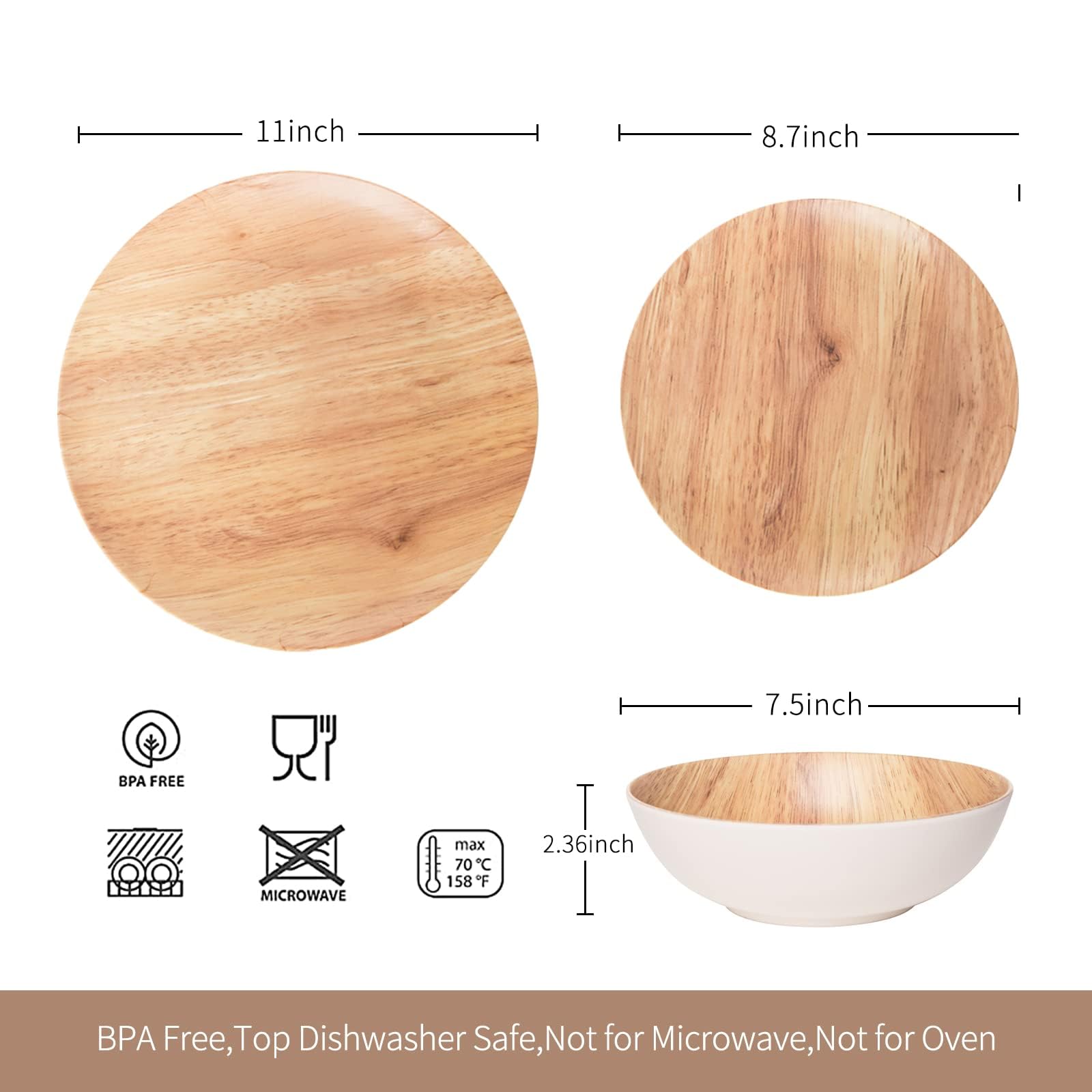 Juego de vajilla de melamina de 18 piezas con aspecto de madera, vajilla de grano de madera, platos de plástico para exteriores, cuencos duraderos para 6 personas