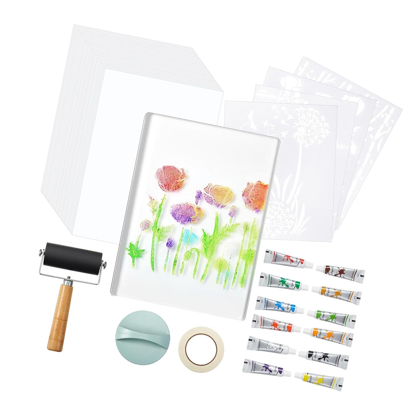 Gel Druckset mit Gelplatte, Schablonen, Papierrolle, Komplettes Künstler Set für Anfänger, Leicht zu Reinigen, Geeignet für Die Kartenherstellung, Style B