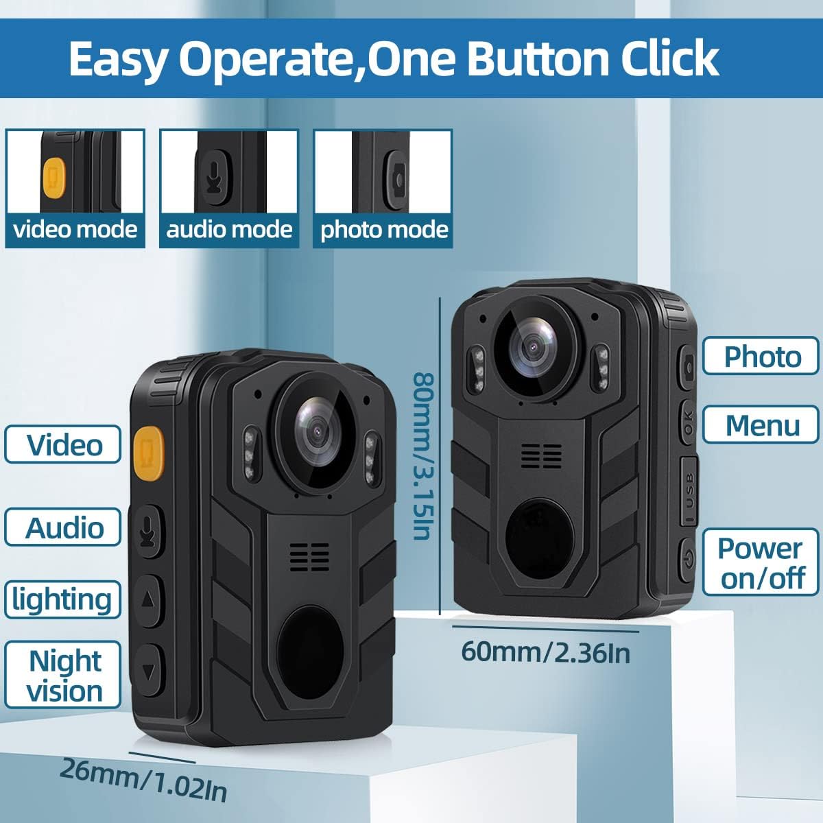CAMMHD C9 Body Camera with labeled buttons and dimensions
