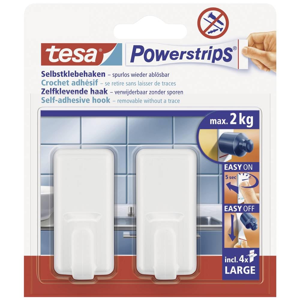 tesa UK Powerstrips Hooks Large CLASSIC - Removable Self-Adhesive Wall Hook for Glass, Tiles, Wood, Plastic and Other Surfaces - White - Holds Up to 2 kg