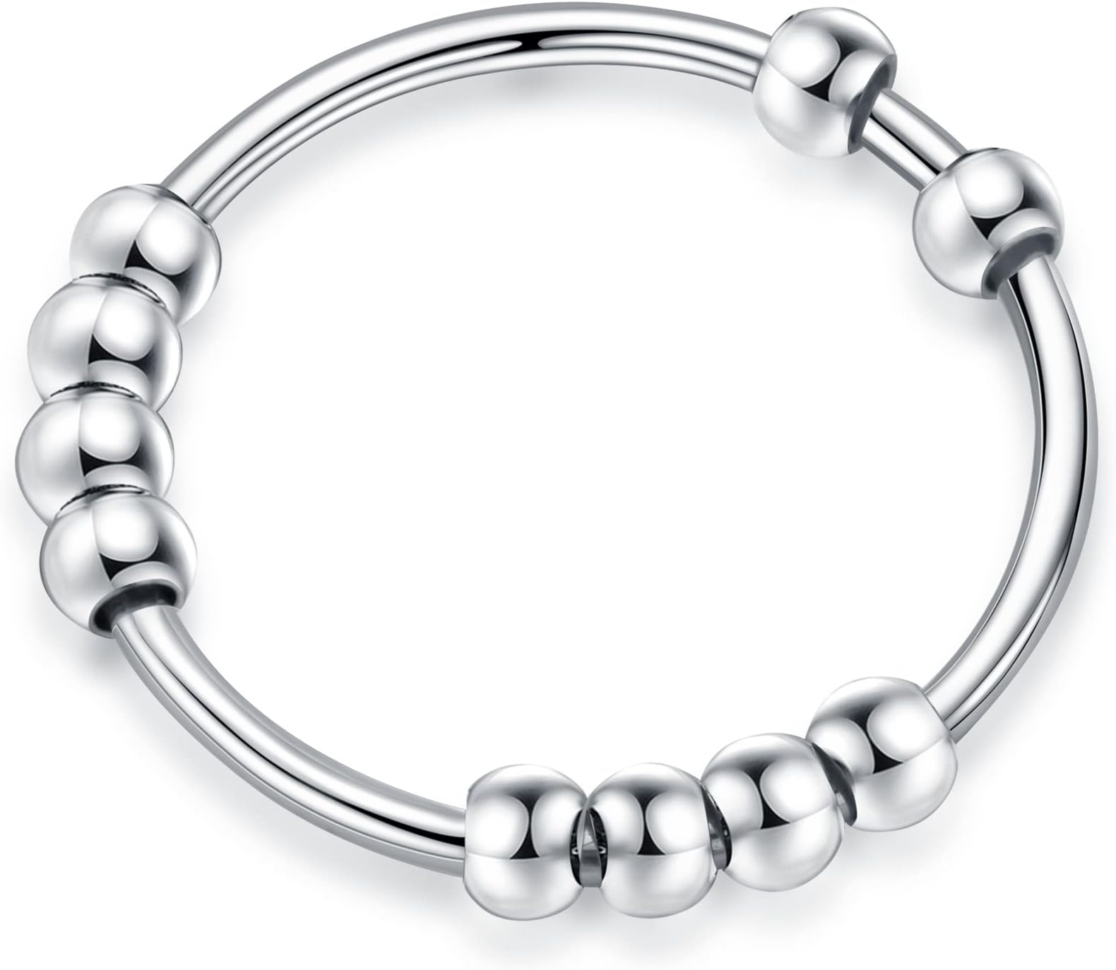 S925 Sterling Silver Spinner Ring for Women, Anxiety Ring, Stress Relieving Ring with Beads, Fidget Ring, Silver, Unisex Jewelry