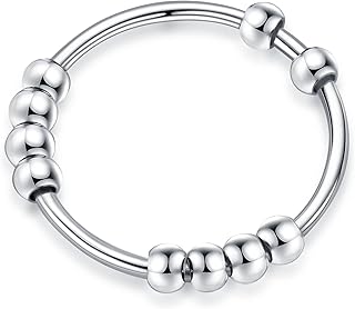 Ursilver S925 Sterling Silver Anxiety Ring for Women, Sterling Silver Fidget Rings for Anxiety Spinner Anxiety Ring with Beads Spinner Ring for Anxiety Spinning Ring Fidget Ring for Women Men