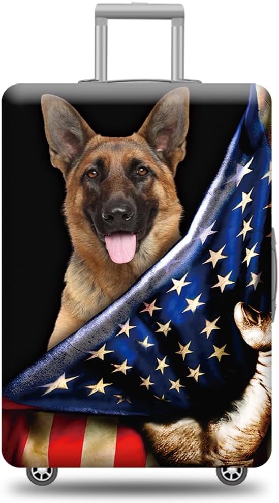 America US Flag with Funny Puppy Luggage Cover German Shepherd 4Th of July Patriotic Independence Day Suitcase Cover Washable Elastic Baggage Protector Fit 22-24 Inch