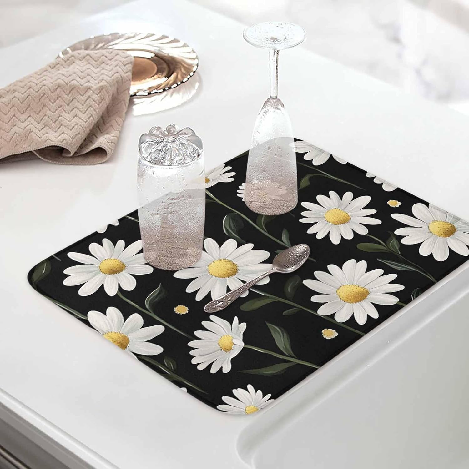 Dish Drying Mat Set of 2 White Daisy Flowers Microfiber Absorbent Reusable Washable Dish Drying Rack Mat Black Vintage Coffee Mat for Coffee Maker Bar Kitchen Countertops 16x18inch