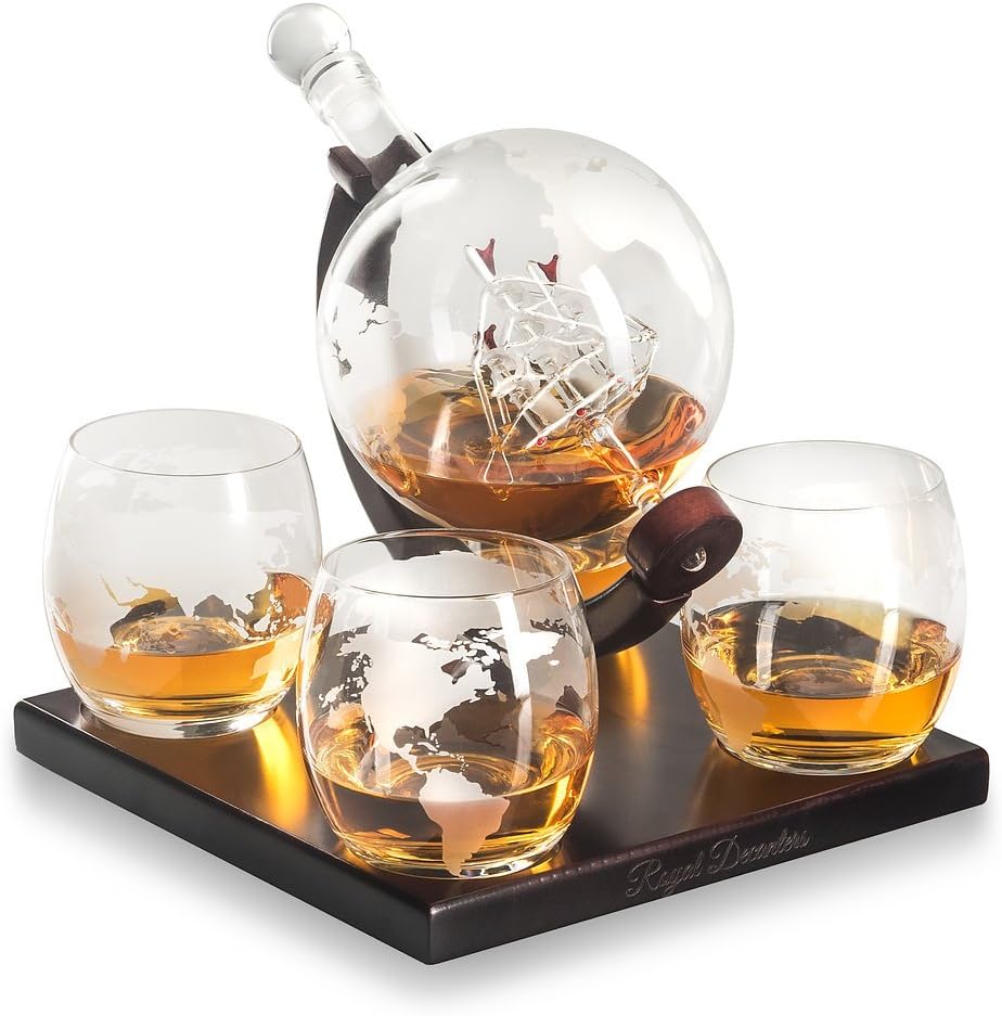 Etched Globe Whiskey Decanter Gift Set- Glasses & Glass Beverage Drink Dispenser also for Brandy Tequila Bourbon Scotch Rum -Alcohol Related Gifts for Dad (850ML) (4 Glass Square)