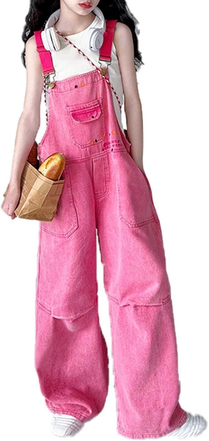 Girls Denim Baggy Bib Overalls Girls Relaxed Fit Straight Wide Leg Leg Jean Overall with Adjustable Strap Trendy Jumpers