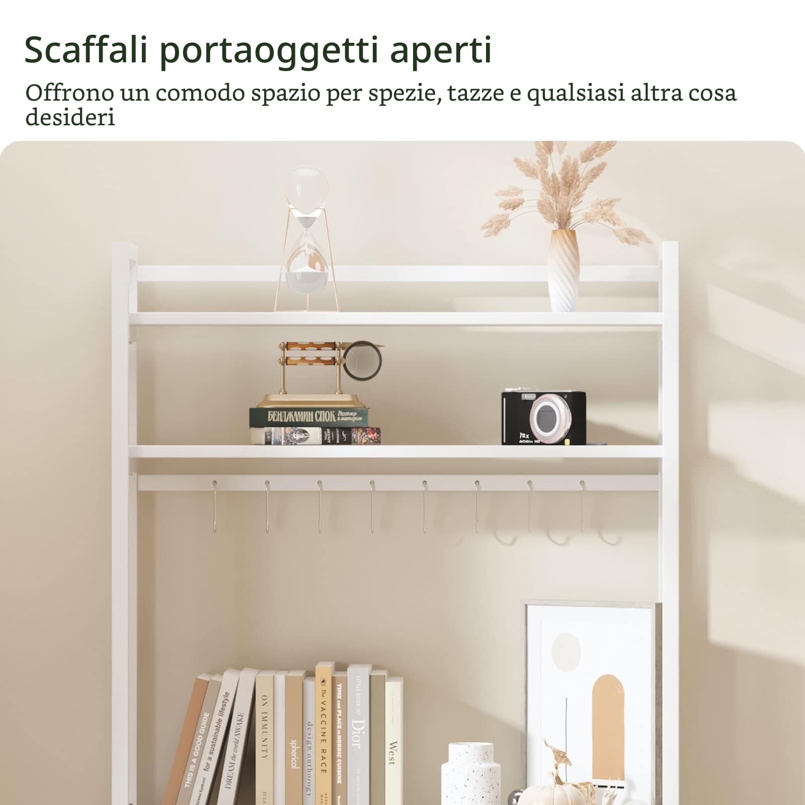 SogesHome Scaffale da cucina verticale a 5 livelli Scaffale Baker's Shelf per microonde con 8 ganci per stoviglie Scaffale verticale in legno e acciaio, 80 x 40 cm