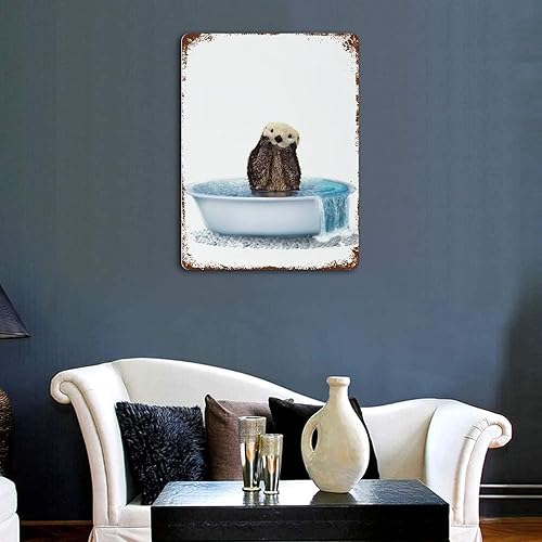 Miniatura 3 de Letrero de hojalata vintage con estampado de nutria marina para baño, arte de pared de bañera costera, divertido letrero náutico para cuarto de