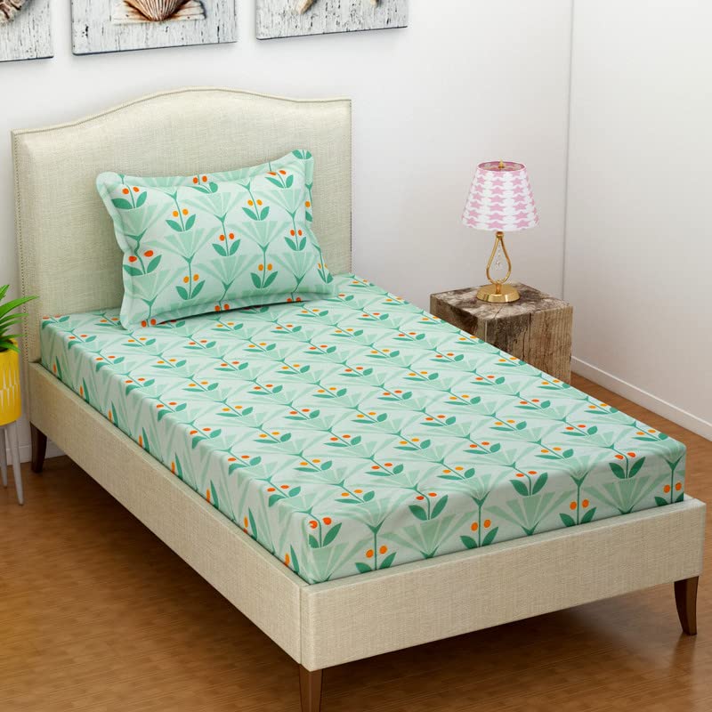 BSB Home® 200 TC 100% Cotton Feel Bedsheet for Single Bed with One King Size Pillow Covers Soft/Breathable Wrinkel Free -60x90 Inches - (Multicolour, Light Green Leaf)