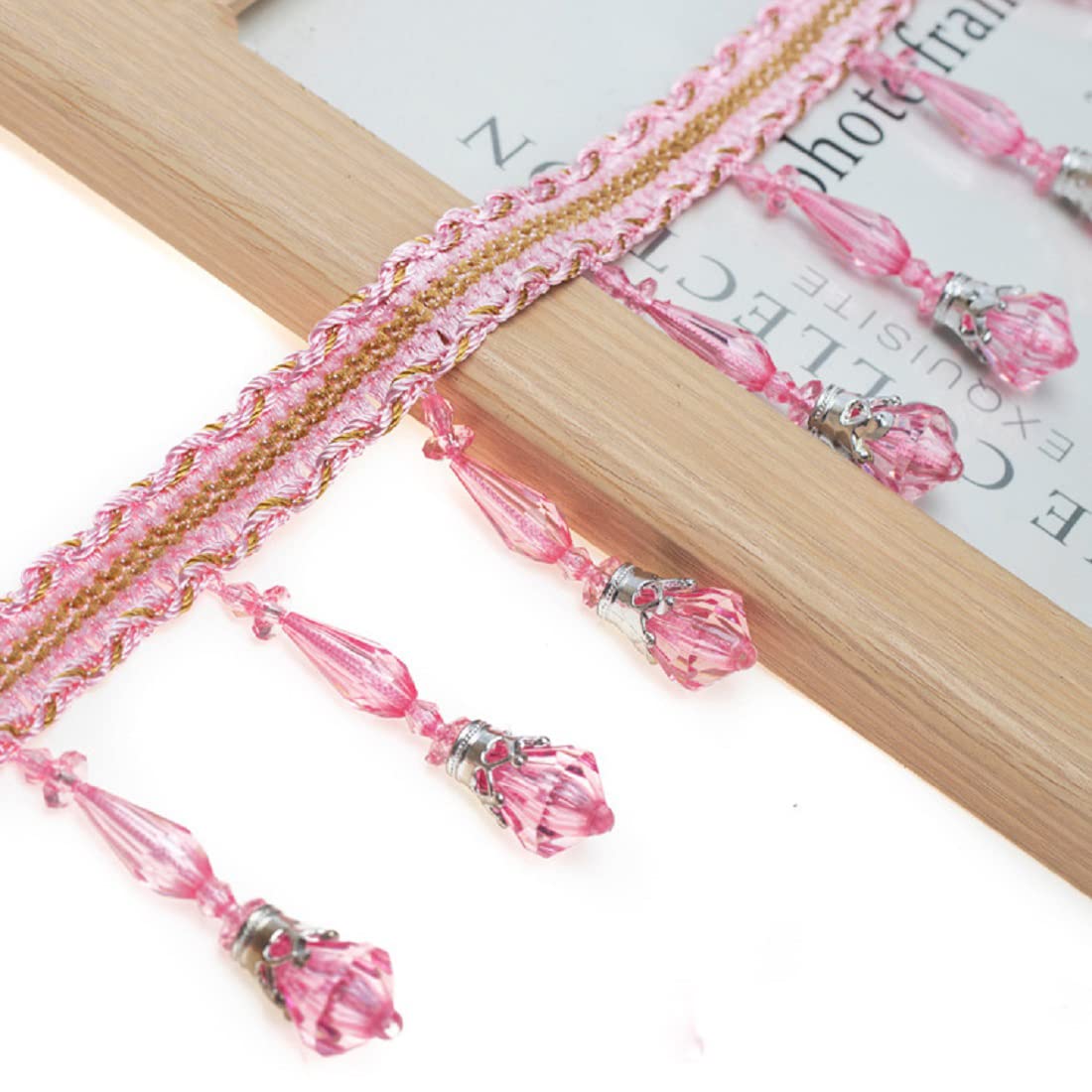 Yalulu 4 Yards Beading Fringe Tassel Trimming Long Beads Tassel Fringe Trim Curtain Trim Ribbon for Cover Decorative Curtain Tape (Pink)